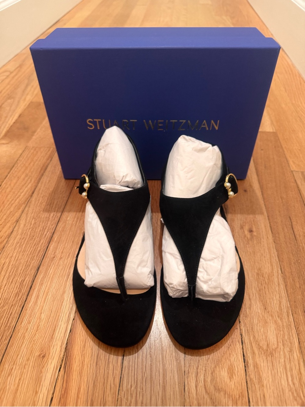 Stuart Weitzman Black Suede T-Strap Sandals with Gold Accent